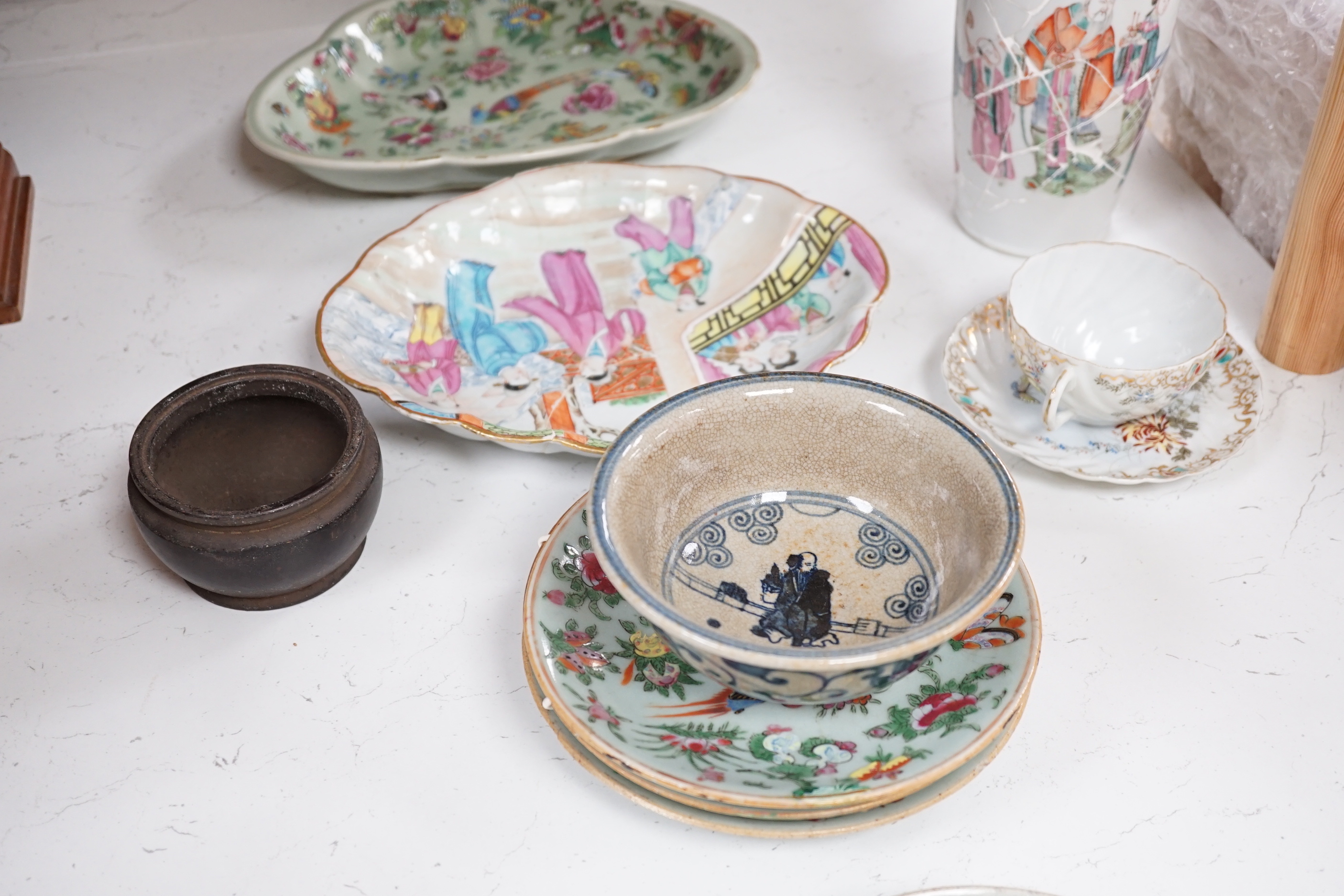 Chinese and Japanese ceramics, including Canton cups and blue and white teabowl, seven various Chinese famille rose dishes, 19th century, a Chinese Yixing teapot and a bronze censer